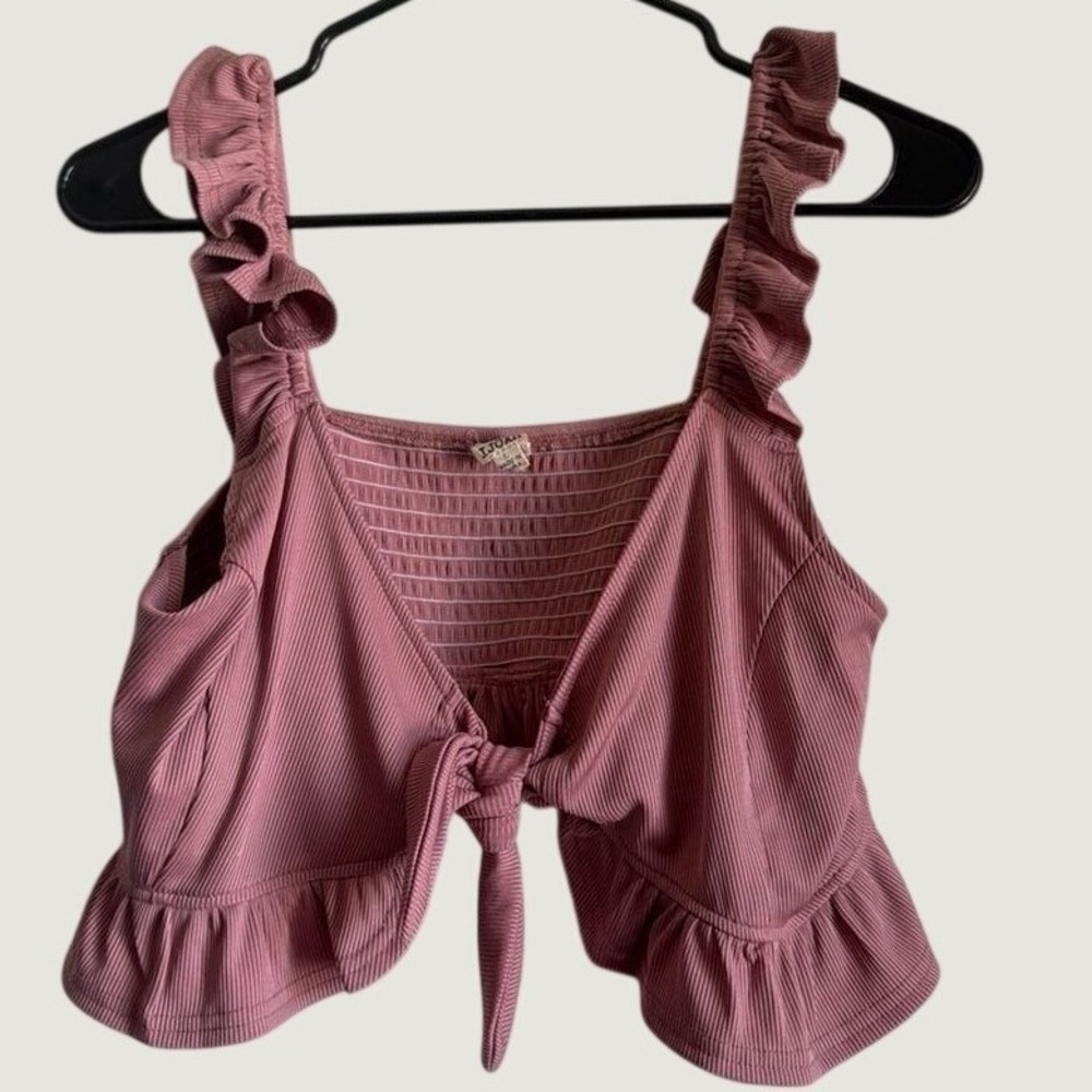 IJOAH Mauve Pink Ribbed Tie Front Ruffle Crop Top Smocked Back‎ Size Large